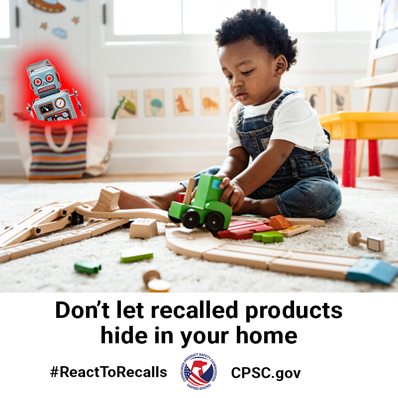 A boy playing with toys while a recalled toy robot with evil eyes watches from behind a bag. The text reads: Don't let recalled products hide in your home.
