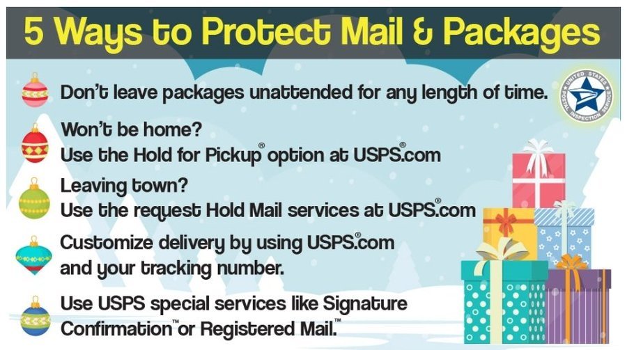 USPIS_RIC's tweet photo. We know the holidays are just around the corner, but package security happens all year long! Follow these steps to keep your mail and your packages safe. #USPIS #PreventMailTheft https://t.co/N4CVsY7B2X