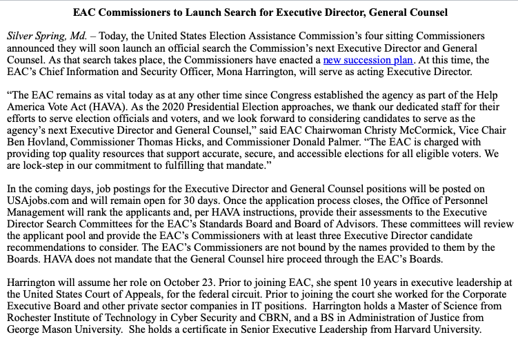 The EAC just announced a search for its new executive director and GC. The commissioners also approved a succession plan that puts their CISO in charge temporarily.

I reported on Newby and Tatum's departures last month politico.com/story/2019/09/… but the agency never commented.
