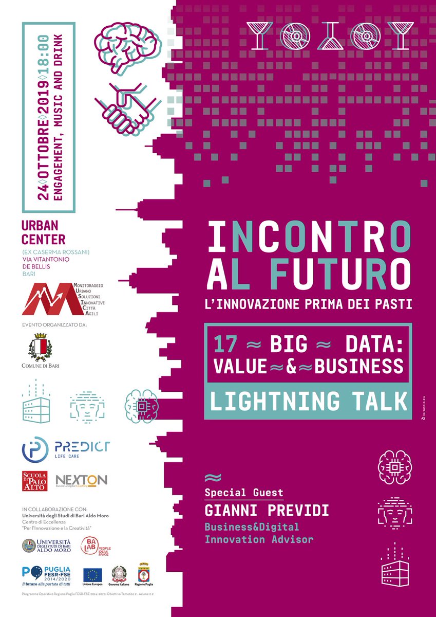 Un'occasione bella ed informale per far incontrare imprenditori, inventori, ricercatori e curiosi che si confronteranno sui nuovi scenari dei #bigdata applicati a varie idee di #business ed alla realizzazione di #smartcity.