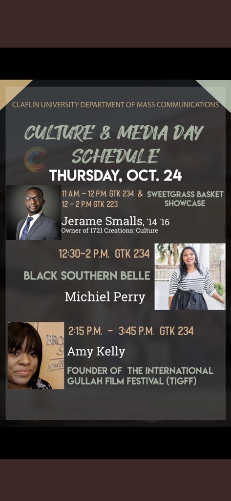 GregWhittaker13's tweet photo. Good afternoon Claflin family, please come out and show your support this coming Thursday, @ClaflinUniv1869 will be welcoming none other than Jerame Smalls, @blksouthbelle and the founder of @gullahgeecheehc.  #CU5deep #Claflin https://t.co/7K7hF6C57B