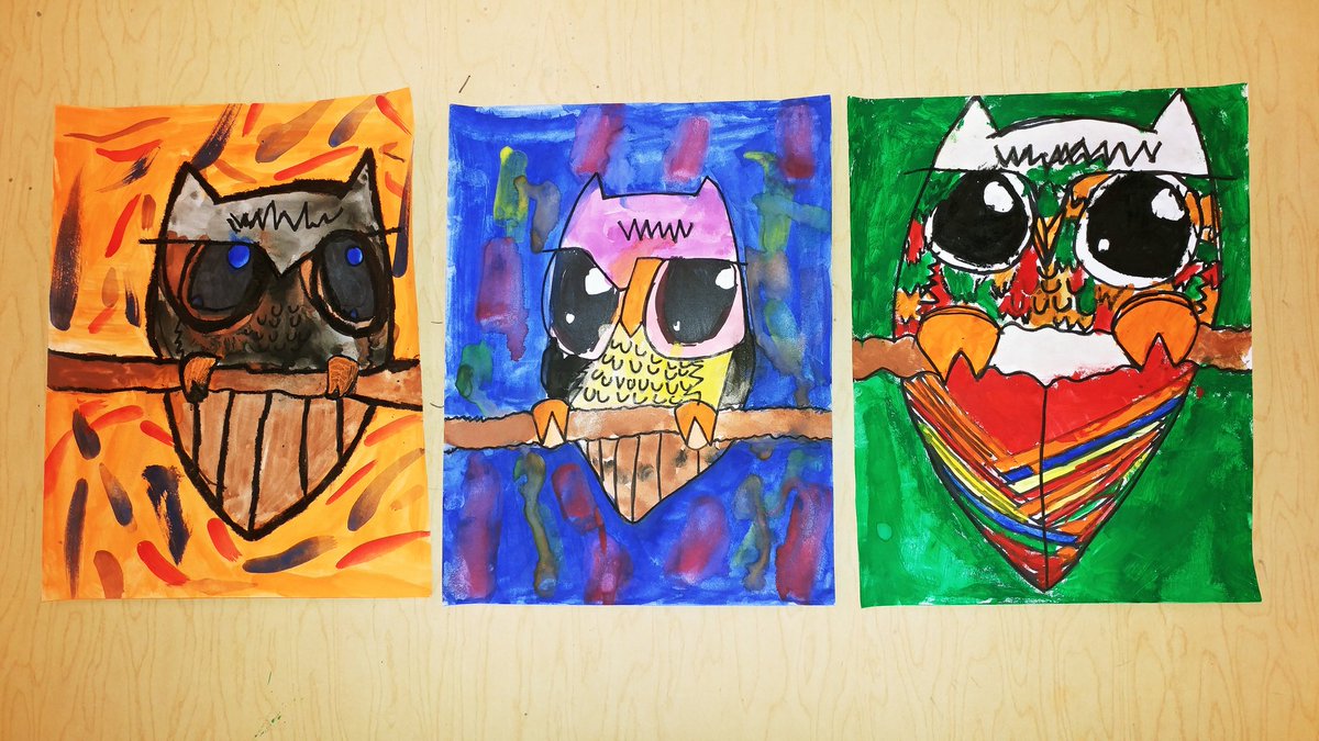 PattyCroteau's tweet photo. St. Joe's art classes started the year using different types of lines. 4th grade Owls 
2nd grade bugs https://t.co/Z6M5EufhsM