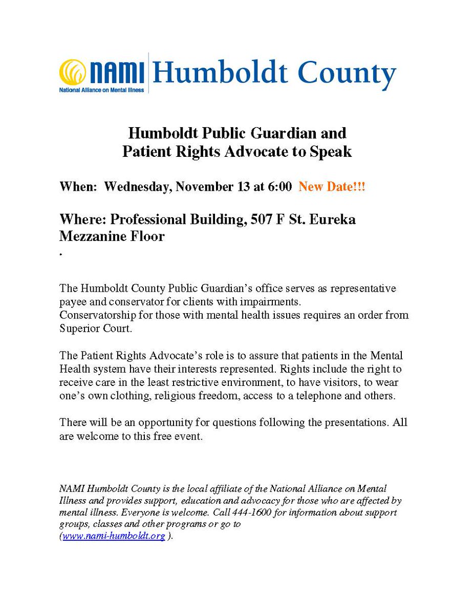 HSUSocialWork's tweet photo. Public Guardian &amp; Patients Rights Advocates Speak presentation November 13 in Eureka https://t.co/sUeKw4lgig