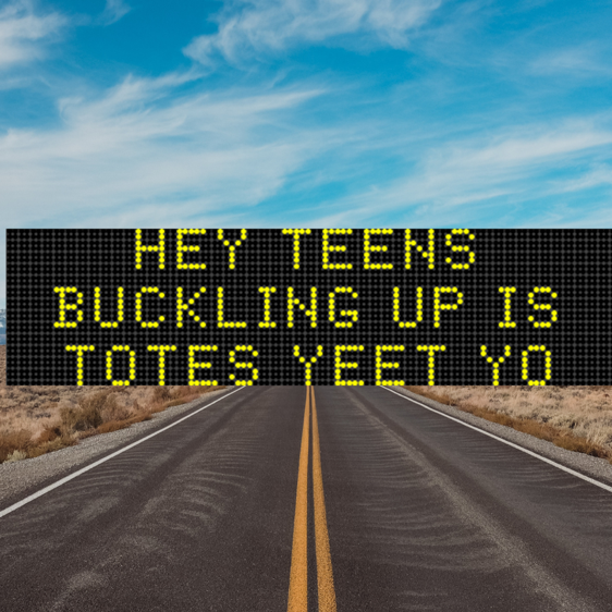 UtahDOT's tweet photo. This week is Teen Driver Safety Week. We may not be hip to all the slang, but we know that buckling up reduces the risk of serious injury in a crash by half. Buckle up, and don't get yeeted from your car. #MessageMonday https://t.co/Fnun36DzFD