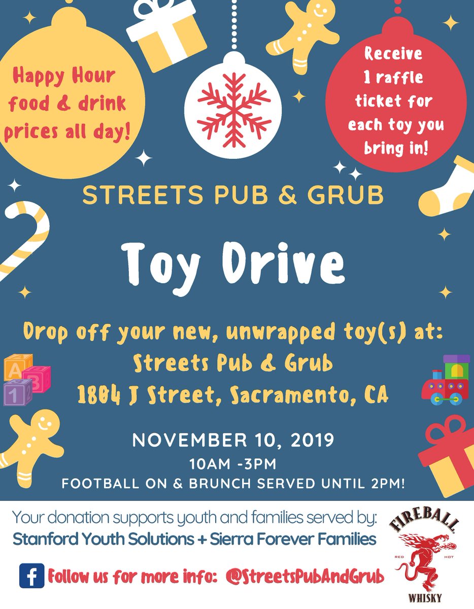 Drop off your new, unwrapped toys at Streets Pub and Grub on Nov. 10 -- all benefiting local at-risk youth! See the attached flyer for more details: