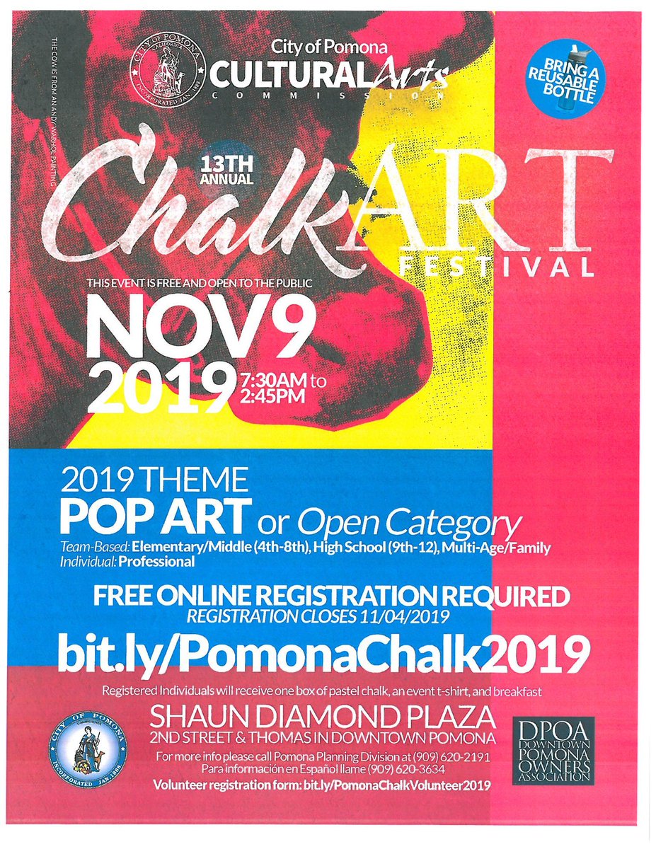 13th Annual Chalk Art Festival - Pomona’s elementary, middle, and high school students, as well as families and professional artists, will join together to create temporary chalk masterpieces. #proud2bepusd #chalkartfestival edl.io/n1110012