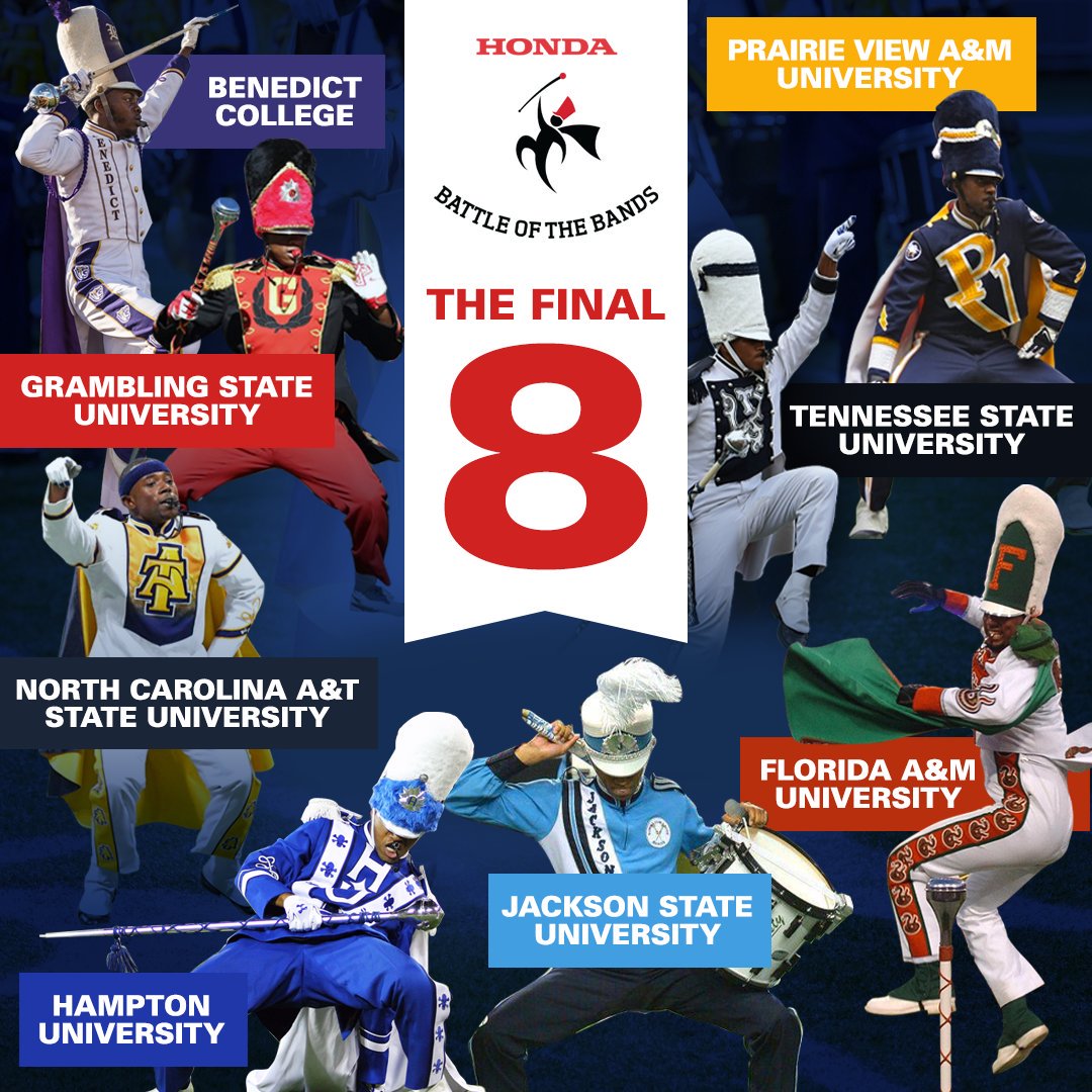 The_Honda's tweet image. GO TIME. Congrats to the FINAL 8 BANDS that'll take centerfield in Atlanta on January 25, 2020: 
@BC_BOD, @TheMarching100, @Grambling1901 #TigerMarchingBand, @HU_Bands, @SonicBoomOTS, @B_GMM, @PVAMUStorm, @TSUAristocrats 

Get your tickets TODAY: bit.ly/2ORcX06 

#HBOB