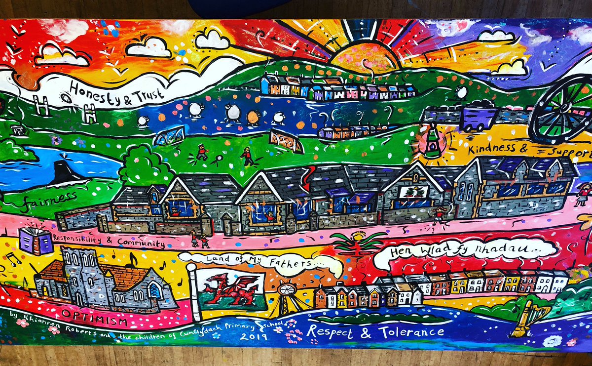 rhiannon_art's tweet photo. Thank you for the very warm welcome today at Cwm Clydach Primary School. It was nice to have been invited back for a second time, this time to paint with Reception, Year 1 and 2. What a fantastic mural, showing their values and their local area. Well done to all π¨β¨π #mural https://t.co/PatT81ERce