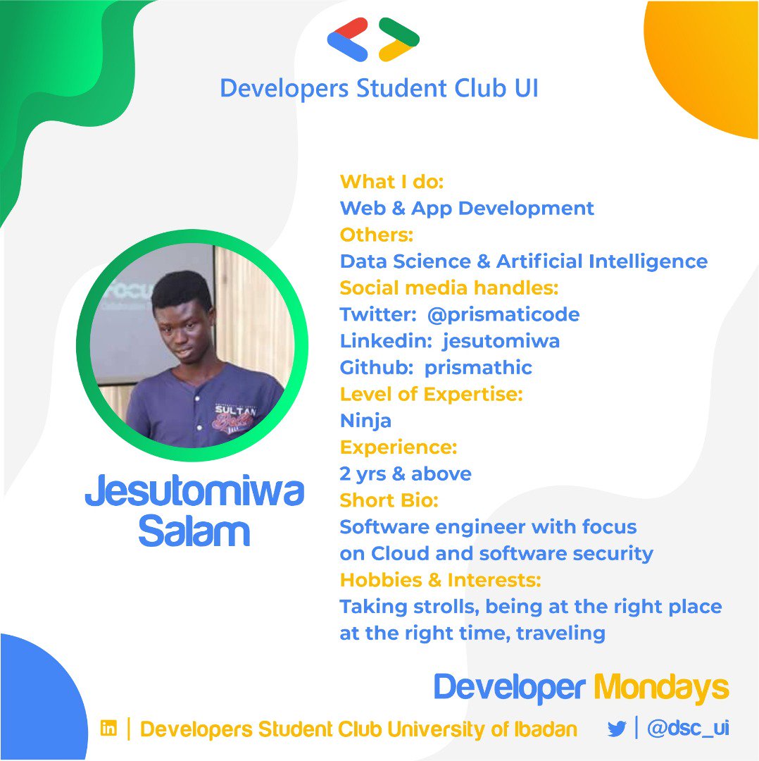 gdg_ui's tweet image. Meet Jesutomiwa Salam, a software developer, Innovator, clean code advocate. He loves building awesome &quot;stuffs&quot;. An aspiring world traveler.

#DevelopersMonday
#WeWork
#DSCSSA
#googledevelopers
