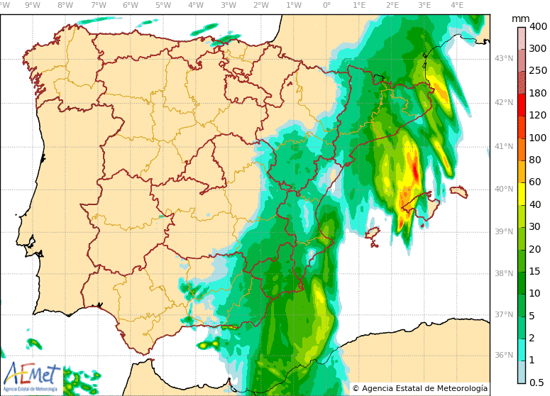 Previsions, pluges localment d'intensitat forta, localment amb tempesta i moltes zones on podrà ser persistent la precipitació.

Mapes de pluja prevista en 3 hores,
des de les 2h a 5h
de 5h a 8h
i de 8h a 11h

Barbaritat d'aigua a les Balears.