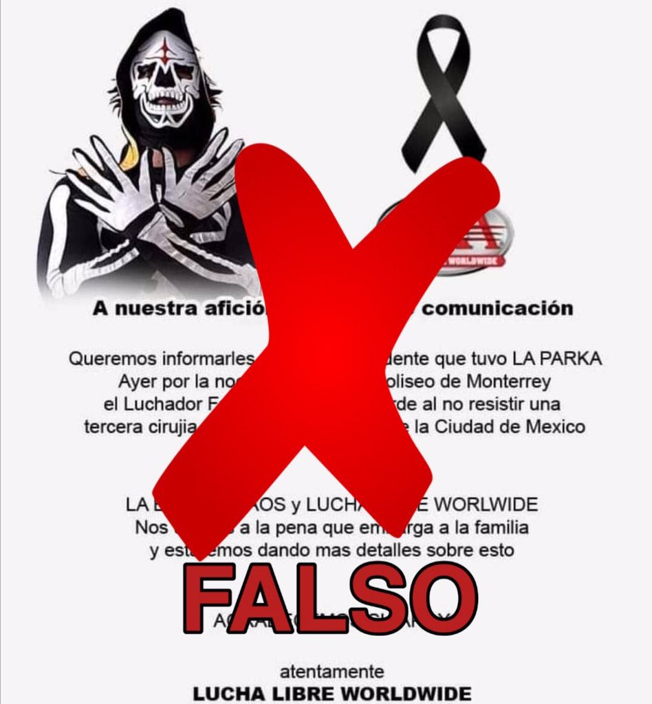 24Foro's tweet photo. #FAKE #FuerzaParka TOTALMENTE FALSA LA MUERTE DE "LA PARKA"

En redes sociales trasciende la fake new de la muerte del luchador mexicano "la parka", esto avalado por @luchalibreaaa y su familia. https://t.co/4L8qIGmiiG