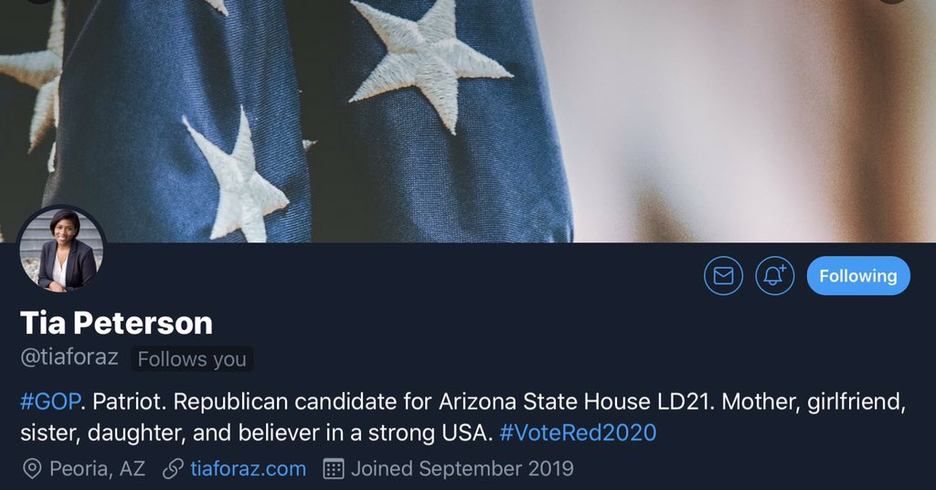 UNITEandDEFEND's tweet photo. Please show support for another Patriot running for office in 2020!

🇺🇸Tia Peterson🇺🇸
@tiaforaz 
https://t.co/L9NIOUVv2H

Tia Peterson running for Arizona State House LD21 in 2020.

#VoteRed2020 #AZ21 https://t.co/3ZmKKMlVjN