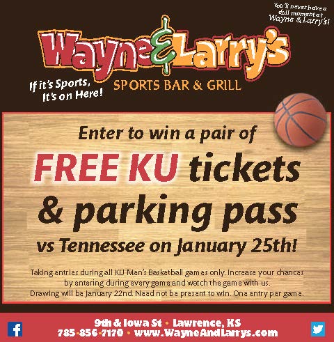 Watch #kubball at Wayne &amp; Larry’s tonight (and every gameday) to be entered into a drawing! Win a pair of tix to the Tennessee game on Jan 25. Increase your chances the more games you watch here this season! #RockChalk #LFK