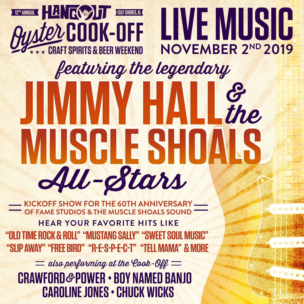 Check it out! The legendary Jimmy Hall &amp; the Muscle Shoals All Stars are gonna be at the Oyster Cook-Off. Unbelievable food and music on the beach. hangoutcookoff.com #HangoutCookOff #OysterCookOff <a href="/hangoutcookoff/">Hangout Oyster Cook-Off Craft Spirits & Beer</a> <a href="/thehangoutGS/">The Hangout</a>