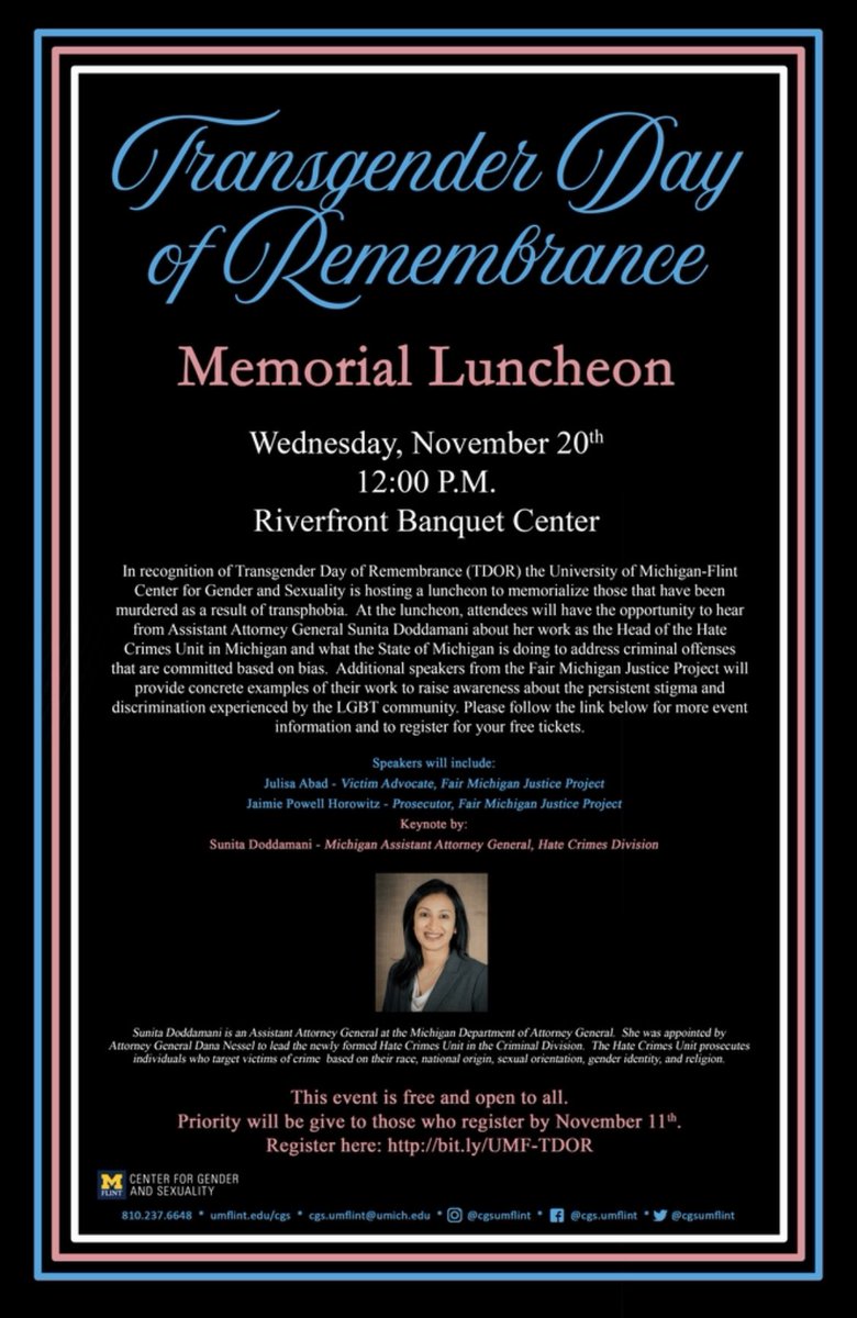 CGSUMFlint's tweet photo. Don’t miss the Transgender Day of Remembrance Memorial Luncheon #TDOR and your chance to hear from Sunita Doddamani MI Assistant Attorney General and @FairMichigan make sure to get your free tickets at https://t.co/NnyYSdDJQu https://t.co/h1eahkjA03