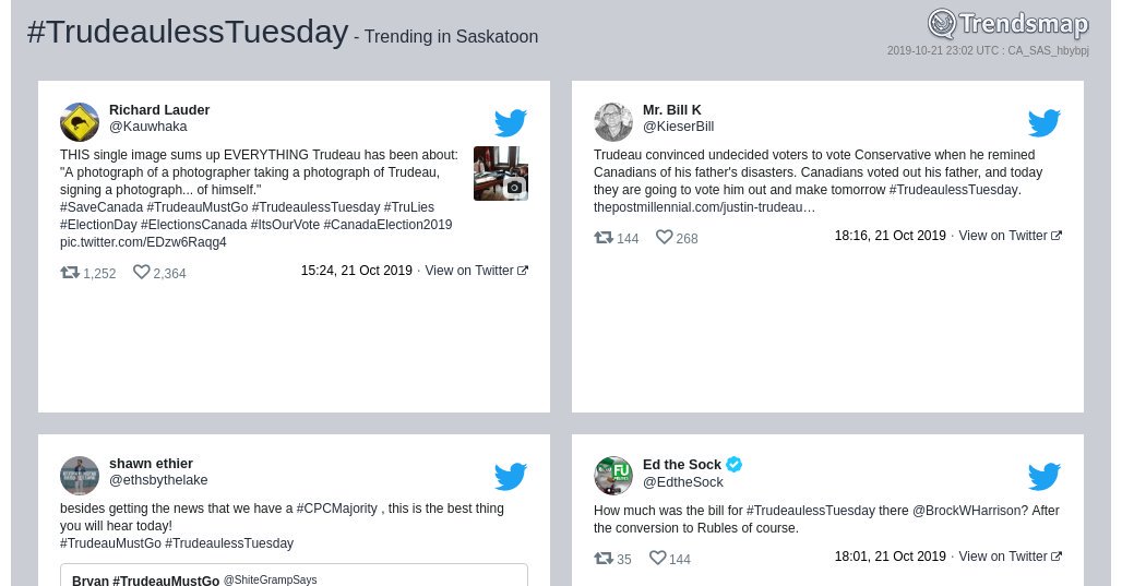 TrendsSaskatoon's tweet photo. #trudeaulesstuesday is now trending in #YXE

https://t.co/HsXldPVXb3 https://t.co/SJOVnfJwUI