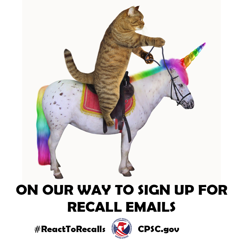 A cat riding a unicorn. The text reads: On our way to sign up for recall emails.