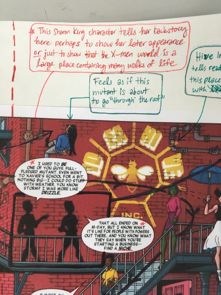 Nsousanis's tweet photo. Here, student picks up on silhouette used to tell about the past, wonderful little diagram drawings to clue us into the tiny narrative choices that make this odd little scene work - they key is not to tell what happens, but why the author’s did it this way 4/? #comicsannotation https://t.co/Bx0gQJd7Pg