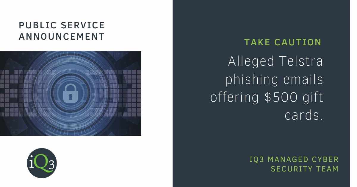 iQ3Cloud's tweet photo. Take caution with recent alleged Telstra emails offering rewards and false telstra bills. Always check email links and your account numbers to ensure you are #cybersecure
#security #iq3cloud #cloud #cybersecurity #managedsecurity https://t.co/nDDXkW4mDu