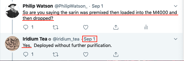 So when asking Bellingcat's resident chemical fact-shifter, 'Iridium Tea', if he believed the sarin allegedly used at #KhanSheikhon was '*premixed* then loaded into the #M4000' he replied, affirmatively: 'Yes.'