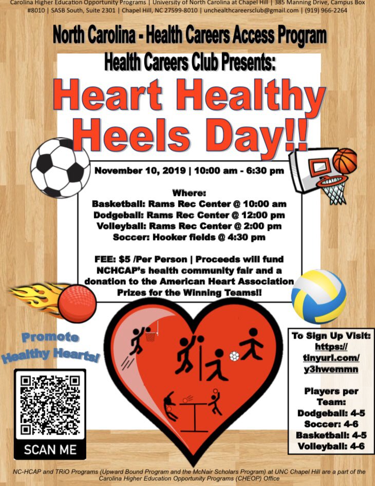 Check out Heart Healthy Heels Day on November 10th, from 10am-6:30pm! Come with a team and play some games! (*BONUS*: 0.5 point will be given for each friend you refer to participate, up to 2 points!) Come for one sport, or come for all of them! Sign up: tinyurl.com/y3hwemmn