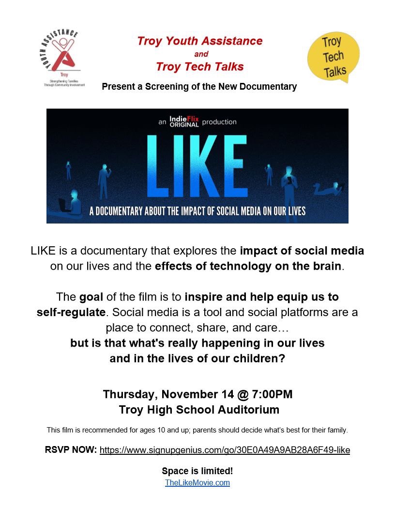 troytechtalks's tweet photo. Join us November 14th @7pm for a special screening of the compelling film “LIKE” in the auditorium at Troy High School.   "LIKE" explores the impact of social media on our lives &amp; the effects of technology on the brain. Space is limited! RSVP now: https://t.co/Sbwj9rcYXv https://t.co/OaedZYiz75