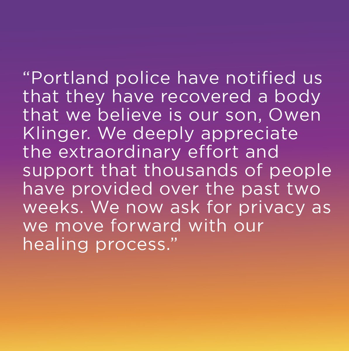 FindOwenK's tweet image. Mary and Dustin Klinger, Owen’s parents, have issued the following statement: #FindOwen #findowenklinger #missingstudent