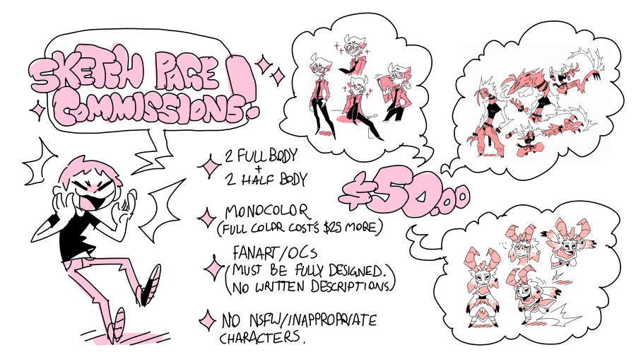 heya! for the first time in awhile ive cleared out my queue! figured itd be a good time to post the commission page directly again! 

comms are open and you can email me at jackkaisermcgee@gmail.com if interested! 