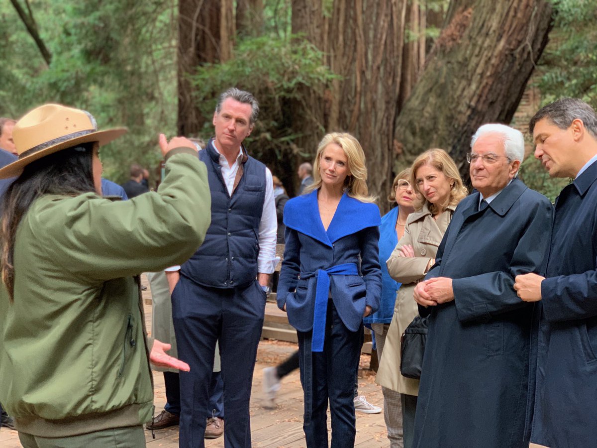 CAgovernor's tweet image. This weekend Governor @GavinNewsom &amp;amp; First Partner @JenSiebelNewsom hosted Italian President Sergio Mattarella &amp;amp; his daughter, Laura, in Muir Woods. We must all work together to preserve outdoor spaces and protect all of us from the effects of climate change. #CaliforniaForAll