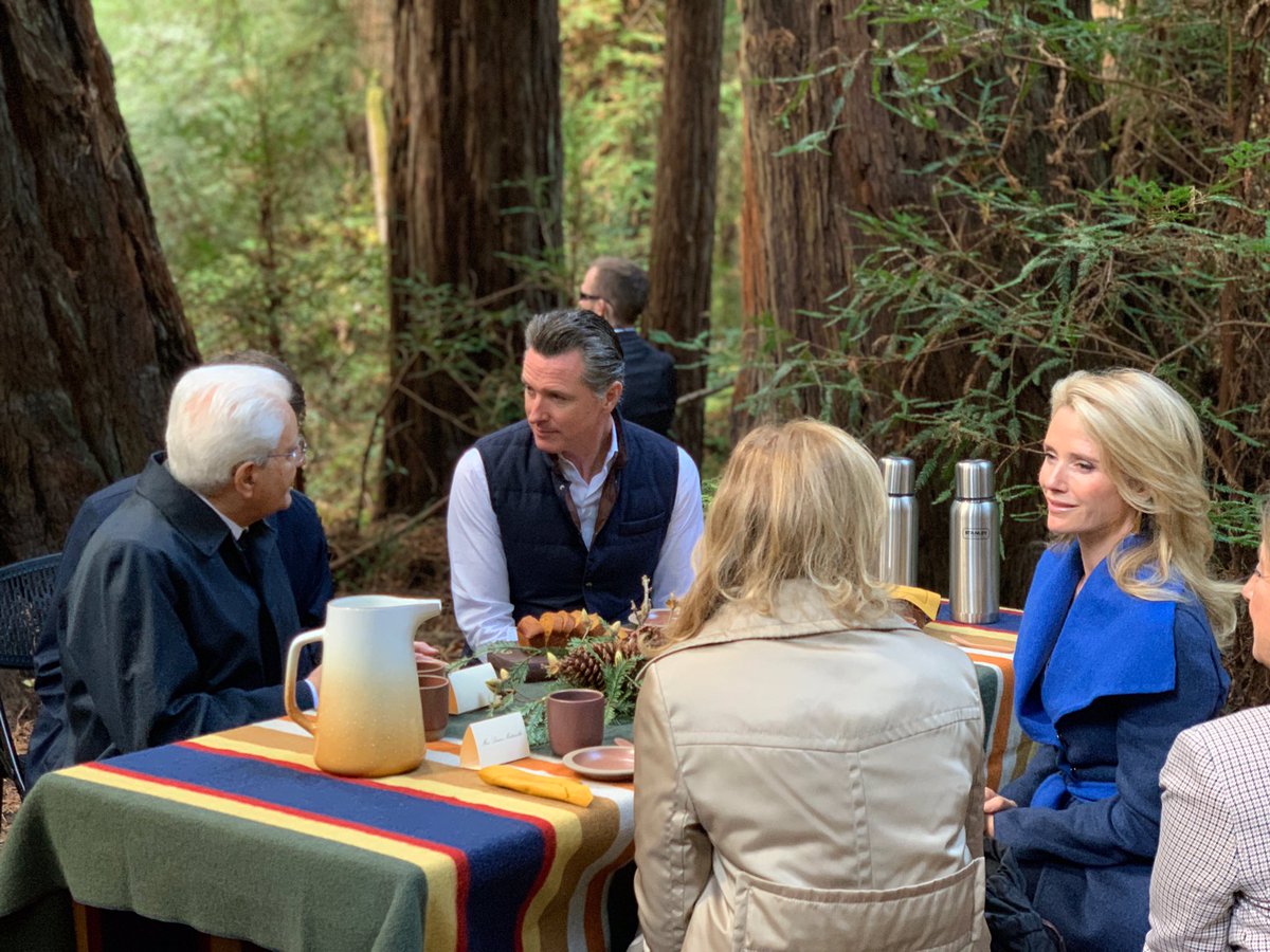 CAgovernor's tweet image. This weekend Governor @GavinNewsom &amp;amp; First Partner @JenSiebelNewsom hosted Italian President Sergio Mattarella &amp;amp; his daughter, Laura, in Muir Woods. We must all work together to preserve outdoor spaces and protect all of us from the effects of climate change. #CaliforniaForAll