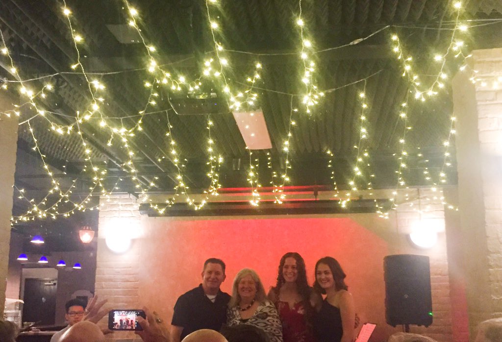 GracePepple's tweet photo. Wilson, Dewitt, Lane and San Filippo pose for a group photo on @HippTheatre's stage. https://t.co/jpOxExGWHW