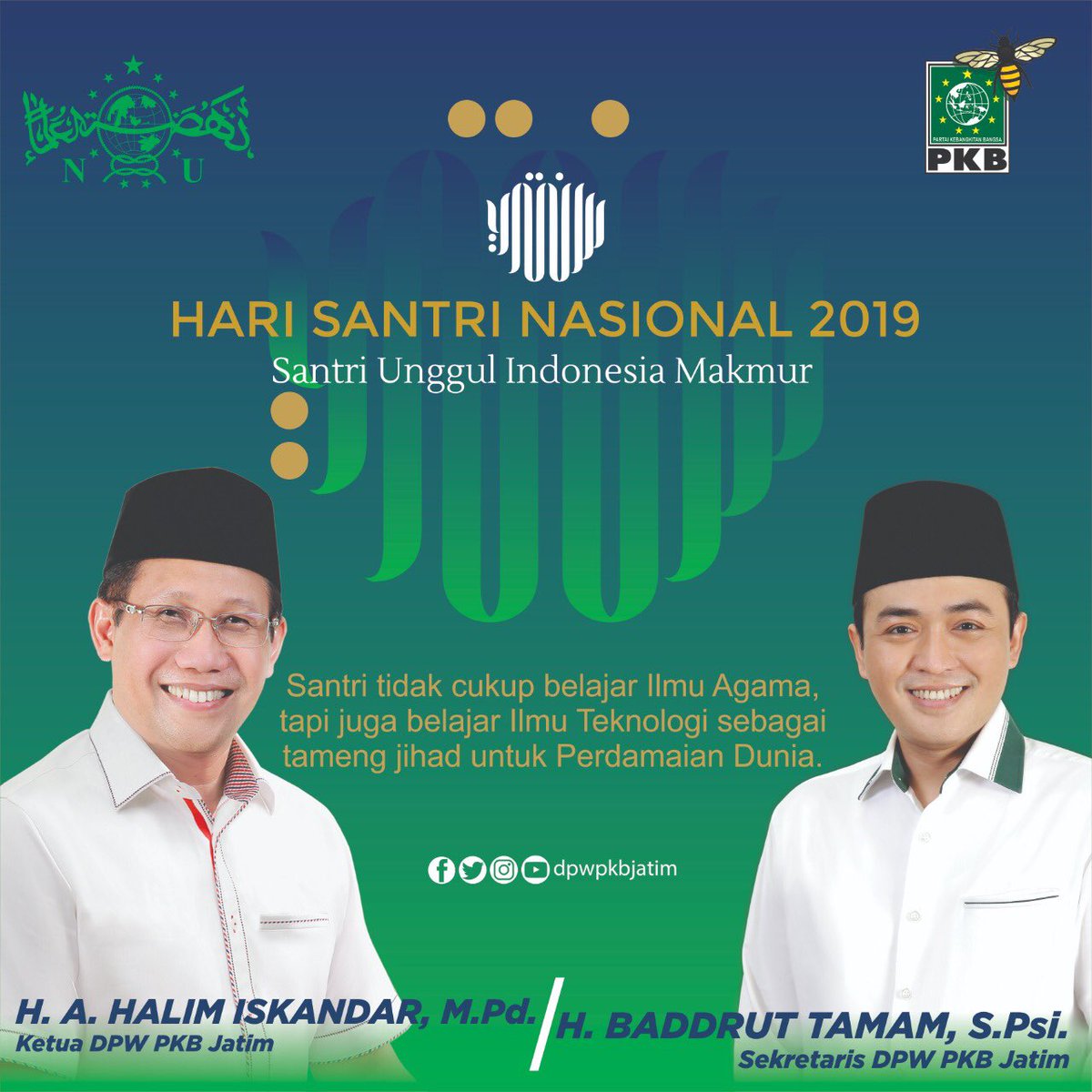 Pesantren adalah lumbung kekuatan yang nyata bagi Negeri ini, baik kekuatan akademis, nasionalis, maupun agamis melekat didalamnya. Terlahir menjadi bagian dari santri merupakan anugerah, sejatinya santri memiliki saham atas Negeri ini.
Selamat Hari Santri
#HariSantri2019