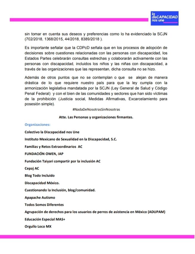 InclusionNos's tweet photo. Las organizaciones, activistas y PcD firmantes nos oponemos al pre dictamen de la #LeyDeCannabis que se discute en @Senado al resultar discriminatorio.
@Julio_Menchaca @ClaudiAnaya @jesusardgz @patriciamercado @WeraReynoso @MaluMicher @Nancydelasa @sylbeltrones @ManceraMiguelMX https://t.co/chXKSg6zir