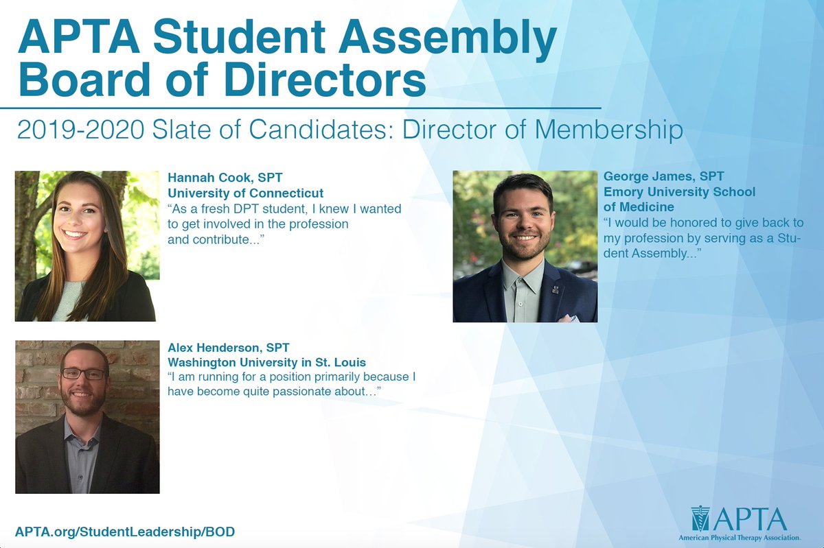 📢📢 Attention <a href="/APTASA/">Ana Paula Santana</a> We have 3 more amazing candidates to spotlight. <a href="/APTAnsc/">APTA NSC</a> @hannahcookspt #GeorgeJames and @Hendo_SPT will be running for Director of Membership. Peep 👀👀 their statements below and give them a shout! #PTFam #ChoosePT