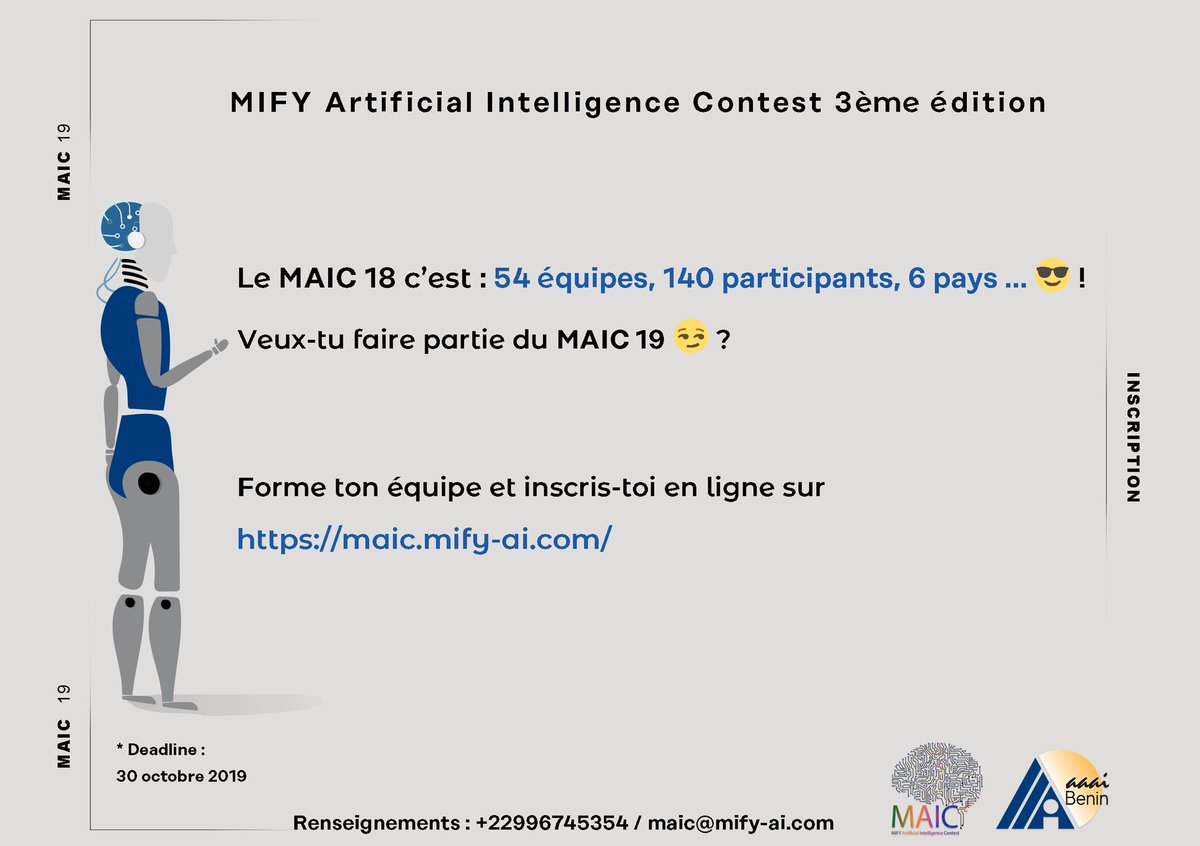 mifyai's tweet photo. Le MAIC18 c’est 54 équipes, 140 participants, 6 pays, ...
🔥🔥 Le MAIC19 s’annonce palpitant🔥🔥
Rendez-vous sur https://t.co/NpMA4gdFyF pour inscrire votre équipe et tenter de passer les différentes phases de la compétition.
#MAIC19
#MIFY
#AAAI
#BeninChapter
#AI
#IA-Bénin https://t.co/qgjxbklZNx