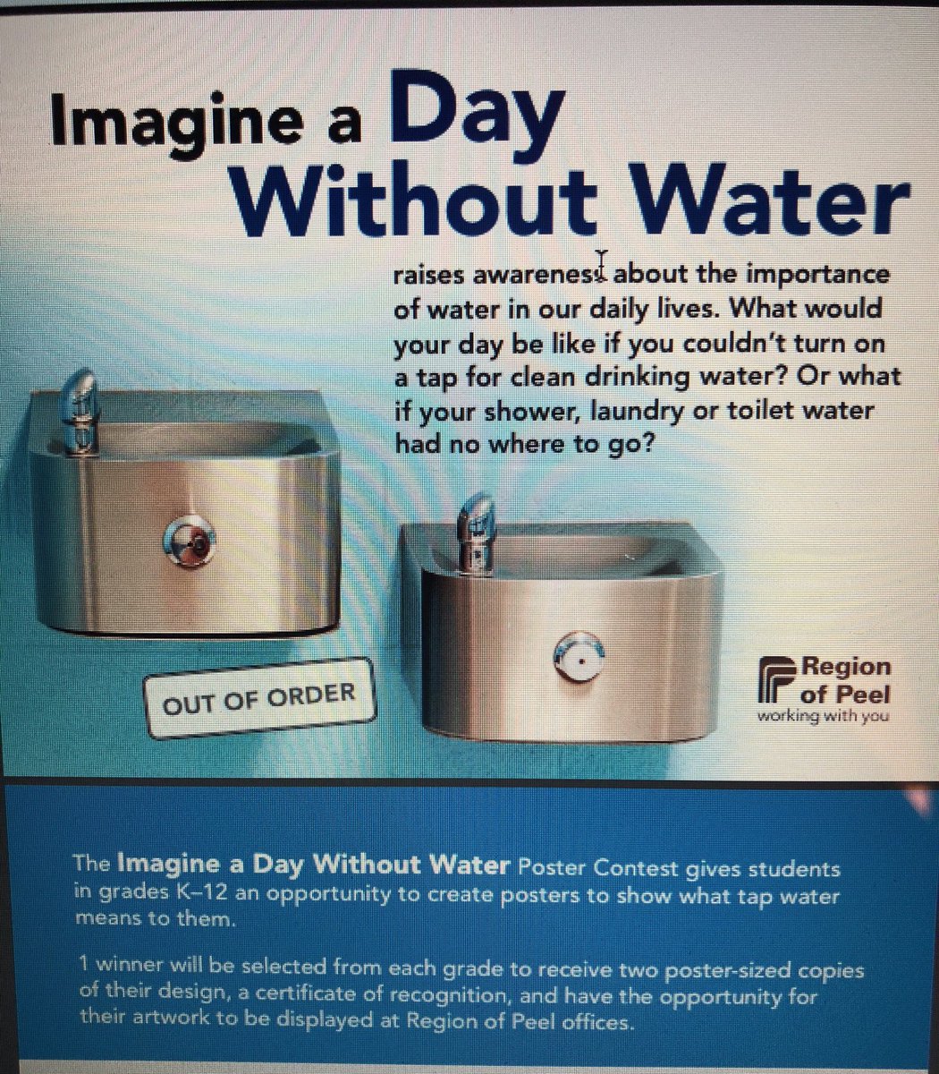 eco_rita's tweet photo. Contest Alert: St Rita students, Imagine a Day Without Water is the theme for the Region of Peel’s poster contest. Listen to the announcements if you would like to show off your artistic and environmental talents. @StRitaRock1 https://t.co/DvlgUaowFg