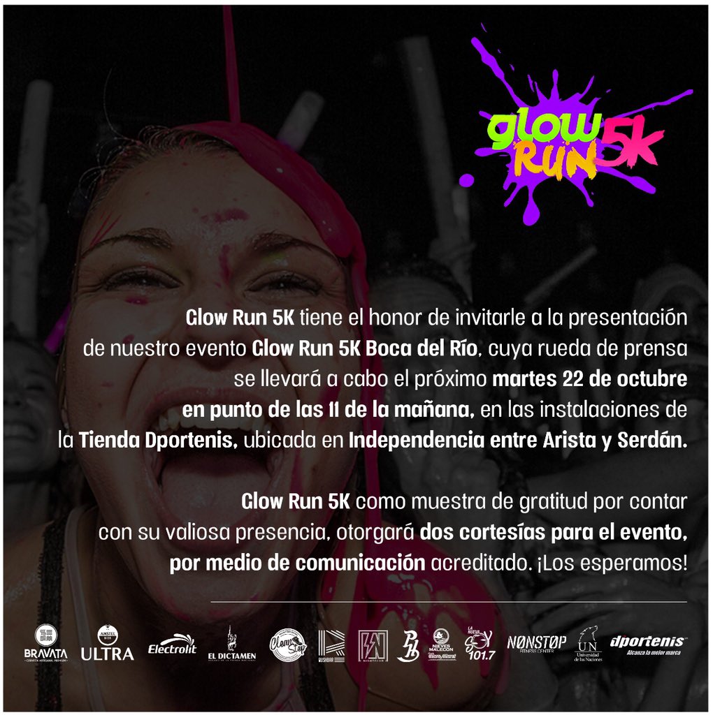 TheGlowRun5K's tweet photo. ¡Los invitamos mañana a nuestra rueda de prensa! #GlowRun5K #BocaDelRio 

⏰11:00 am
📍Tienda Dportenis Centro. Independencia entre Arista y Serdán. https://t.co/tVHGN2RI7n