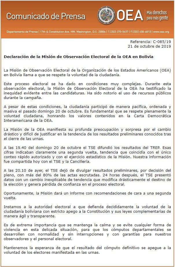 Comunicado OEA en Bolivia