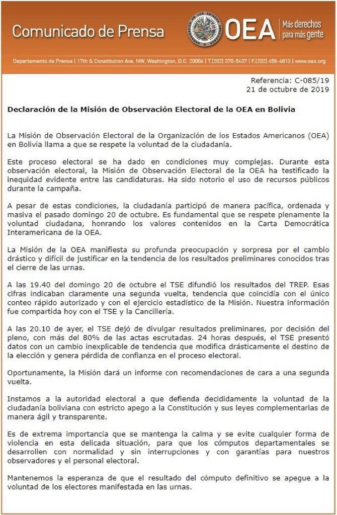 Este comunicado de la OEA establece con claridad que la tendencia del voto en los datos aseguraba una segunda vuelta. Ratifico mi apoyo a la decisión ciudadana de que el futuro de Bolivia se decida mediante el voto y no mediante manipulaciones en el Tribunal Supremo Electoral.