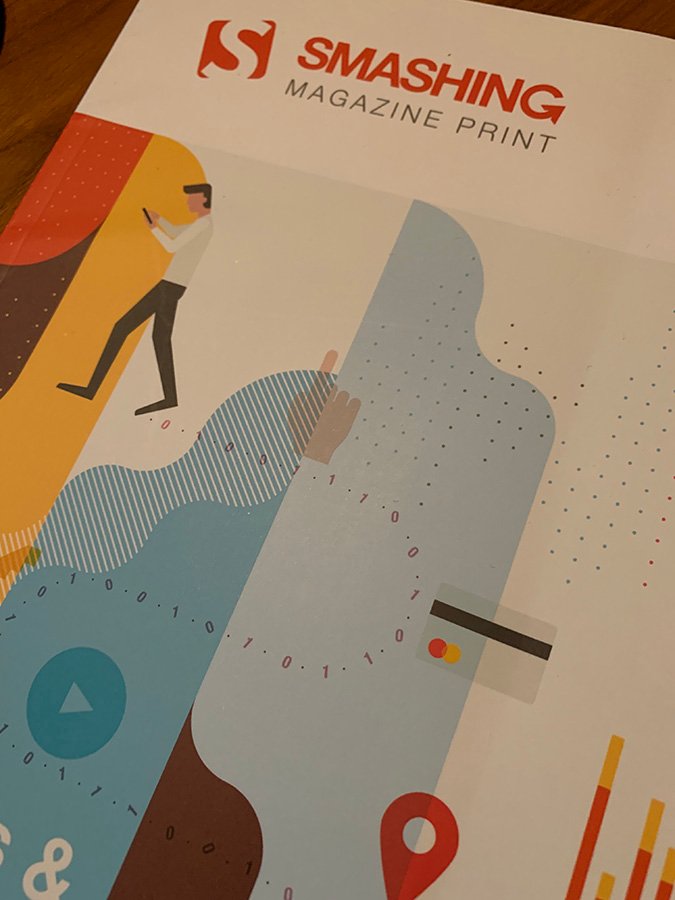 Colorful illustration on the cover of the magazine showing someone on their phone and an abstract background designed by @vpieters. Issue 1 on Ethics & privacy.
