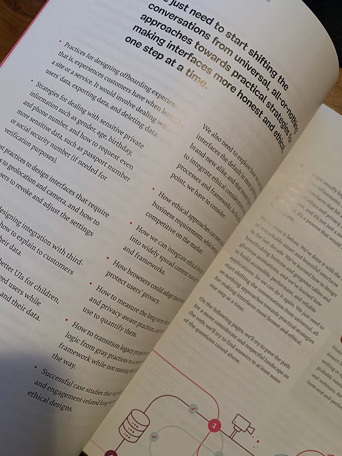 One of the spreads titled 'Towards ethics by default, one step at a time' written by Vitaly Friedman (the mag is a 58 pages long). Shows a two column spread with a big quote up top saying 'We just need to start shifting the conversation from universal, all-or-nothing approaches towards practical strategies for making interfaces more honest and ethical, one step at a time'.