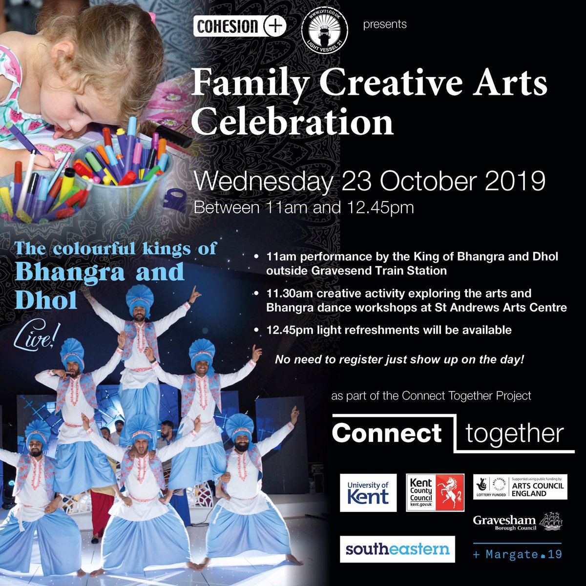 cohesionplus's tweet photo. We are delighted to be in @visit_gravesend @GravesendTCM tomorrow working with @LightVessel21 @4x4Bhangra @KingsofDhol as part of #ConnectKent #ConnectTogether #TurnerPrize project @graveshambc @kentculture @Se_Railway supported by @ace_southeast #cohesionarts https://t.co/S169nTpCG0
