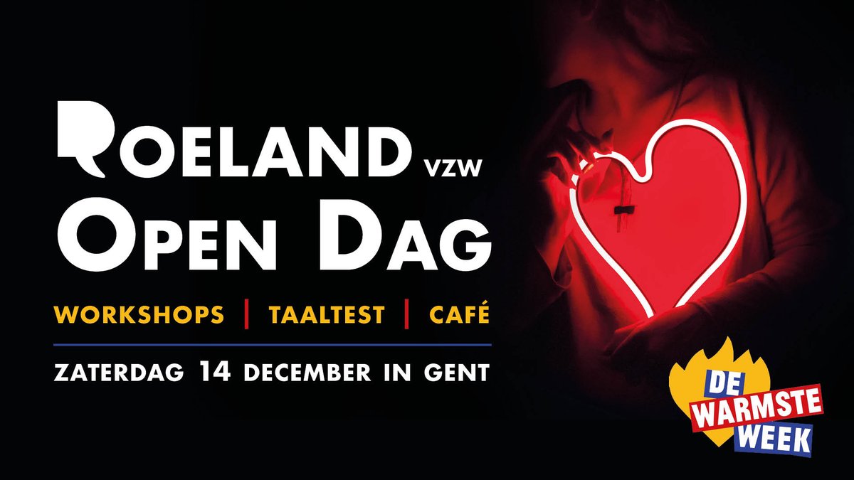 Workshops, taaltest Frans, Roeland-café, verkoop wenskaarten, kinderhoek met activiteiten, ... Kom op zaterdag 14 december naar de Roeland Open Dag en steun zo mee de warmste week. @dewarmsteweek. Alle info: roeland.be/warmste-week/