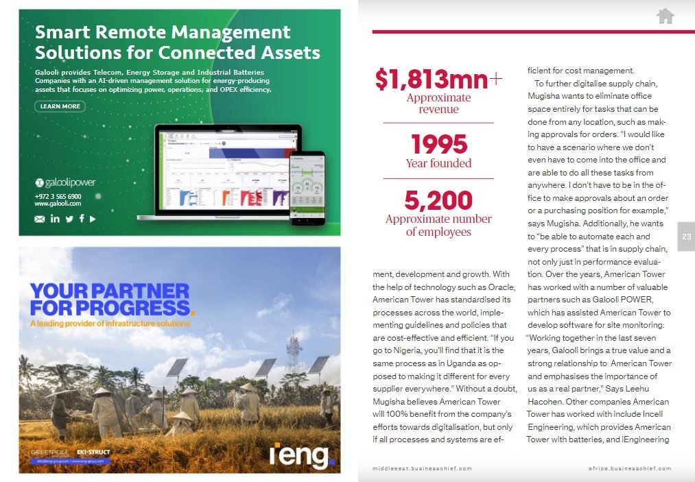 GalooliGroup's tweet image. In the last 7 years, we&apos;ve been working with #AmericanTower, helping them to develop their advanced #SiteMonitoring software. Thanks Collin Mugisha, Head Supply Chain EMEA, and the ATC team for including us in your exclusive story @Business_Chief  lnkd.in/g7A8zt5 #Telecom