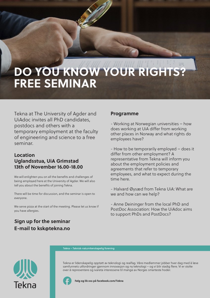 Tekna is hosting a free seminar for all PhD candidates, postdocs, and other temporary researchers about your working rights - 13. November from 16:00 in Grimstad. Free Pizza!

Register: tekna.no/en/events/do-y…