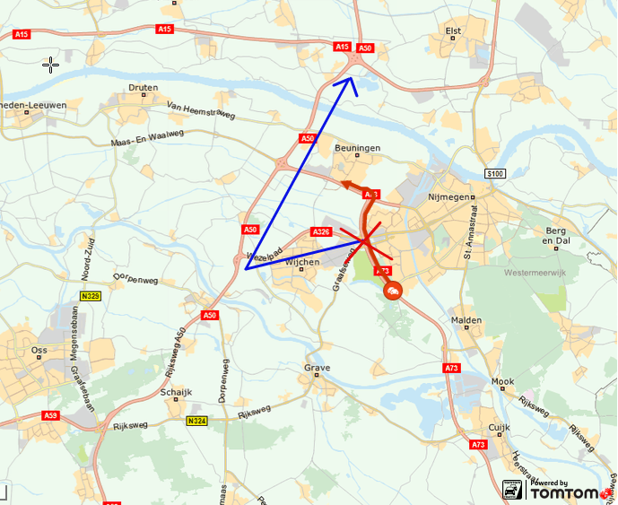 ANWBverkeer's tweet photo. #A73 is DICHT richting Nijmegen, bij Beuningen. Richting Arnhem kun je omrijden via Wijchen over de #N326. https://t.co/twWvrLyOiM