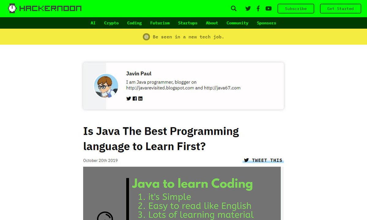 Devcide1's tweet image. Is Java The Best Programming language to Learn First?
#reason #firstprogramminglanguage #programming #python #language #development
via hackernoon.com
☛ amp.gs/qfOl