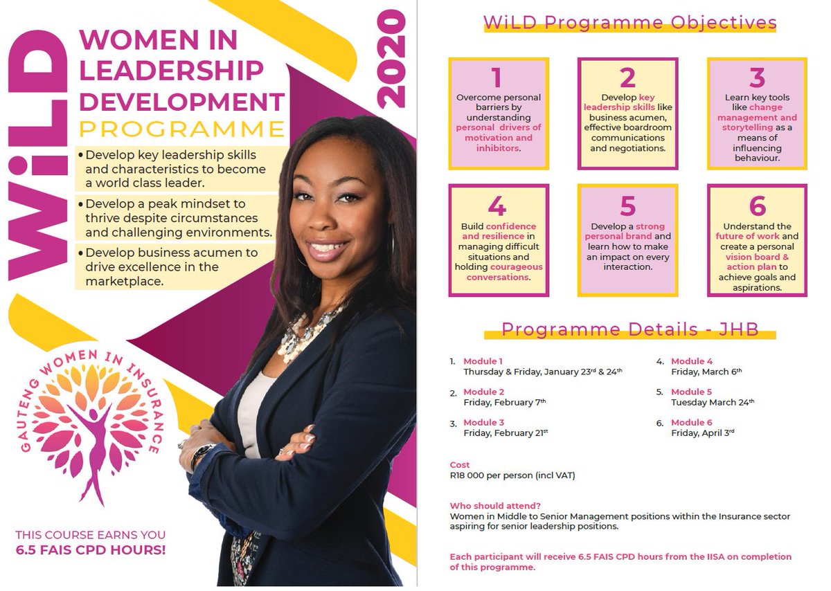 Develop key leadership skills &amp; business acumen. BOOK YOUR SPOT for the GWII 2020 WiLD Programme! Who should attend? Women in Middle to Senior Management positions within  Insurance aspiring for senior positions. Earn 6.5 CPD hours! Email: Leeann@concordia-coaching.com