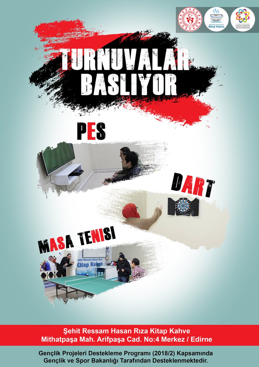 Şehit Ressam Hasan Rıza Kitap Kahvede "Dart, Masa Tenisi ve Playstation Turnuvaları" başlıyor. 
Not:Erkek ve Hanımlar için ayrı kategoriler olacaktır. Kazananlara 100 TL değerinde hediye çeki verilecektir.
Başvuru için tıklayınız: forms.gle/C7Wsp1CxT6pZRZ…
<a href="/MUHAMMETCARTI/">Muhammet Ecevit Carti</a> <a href="/mbulut06/">Mehmet BULUT</a>