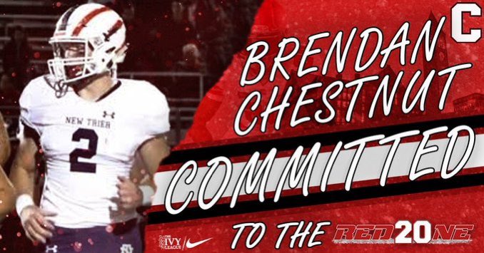 ChestnutBrendan's tweet photo. I’m extremely excited and blessed to announce my commitment to the admissions process at Cornell University! I’d like to thank my family, coaches, teamates and friends for supporting me along the way. Special thanks to @SeanCascarano &amp; @CoachSatBhakta. #GOBIGRED @BigRed_Football https://t.co/pJ8CHEsxyR